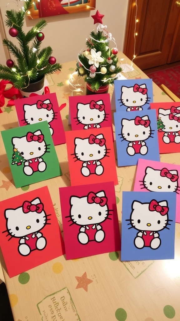 Handmade Hello Kitty Christmas cards with festive designs on a decorated table.